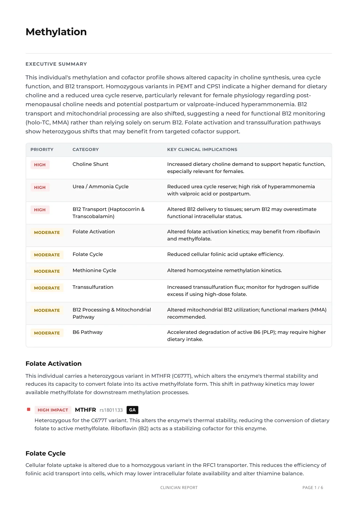 The first page of a Methylation clinician report: the executive summary and the priority table of key clinical implications.