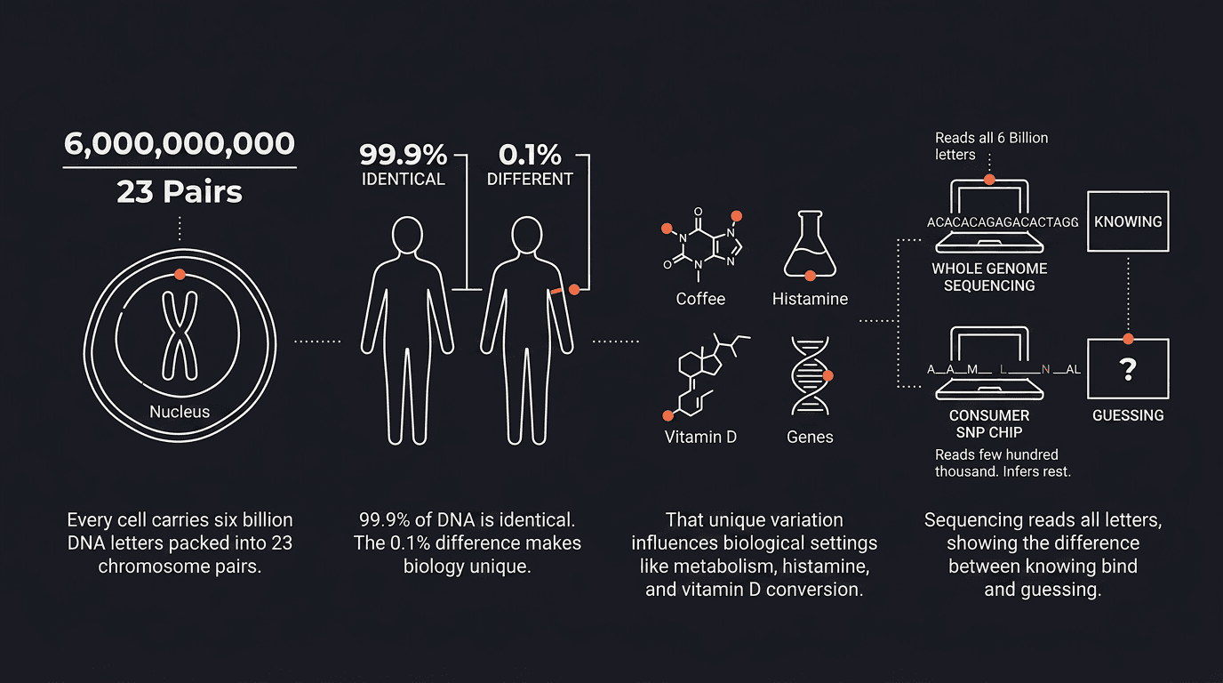DNA basics — six billion letters across 23 chromosome pairs; 99.9% identical between people, and the 0.1% that makes your biology yours