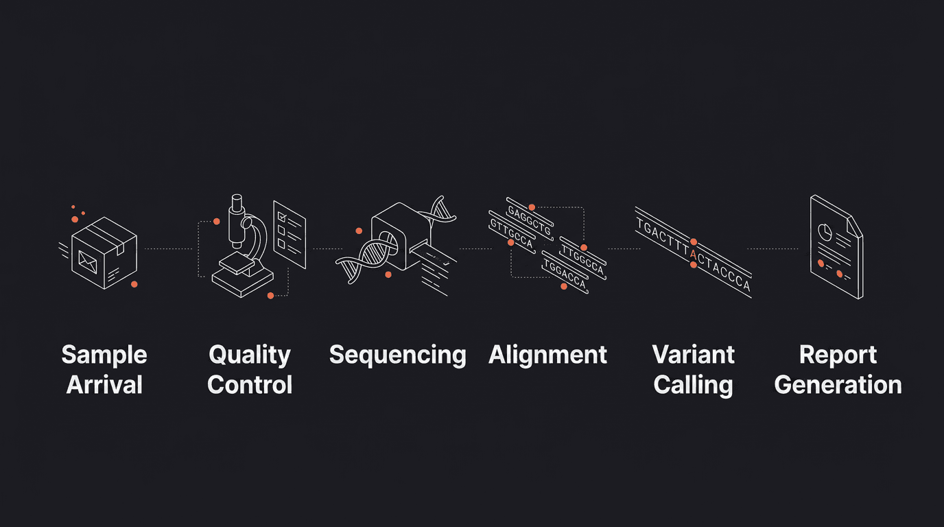 The six-step lab pipeline: sample arrival, quality control, sequencing, alignment, variant calling, report generation