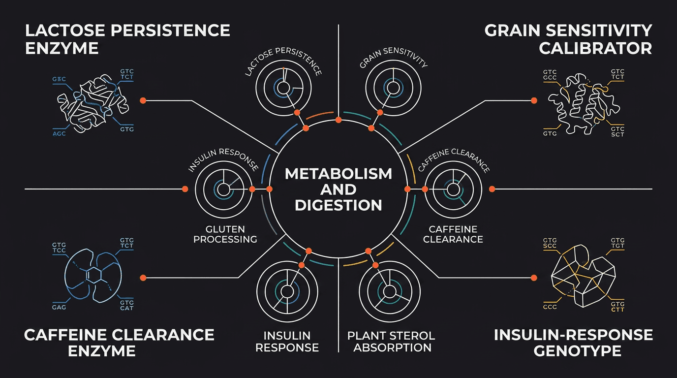 Overview of the genes and pathways Mosaic's Metabolism and Digestion report covers