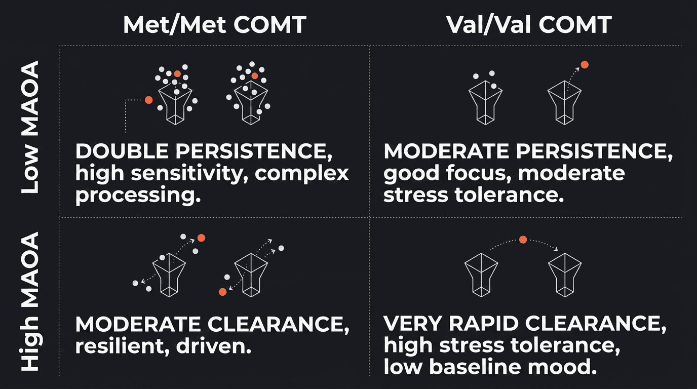 A COMT-by-MAOA genotype matrix mapping stress-hormone clearance, focus, and stress tolerance